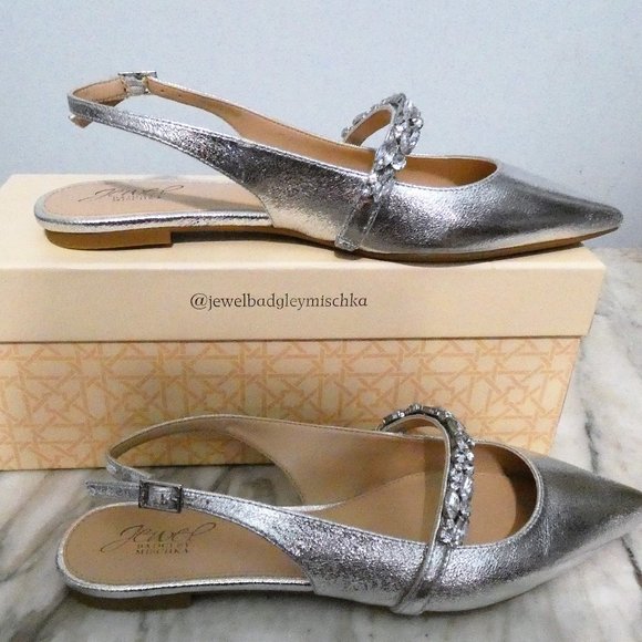NiB Jewel Badgley Mischka Bambi Pointed Toe Sling Back Flats Silver 7.5 - Picture 11 of 16